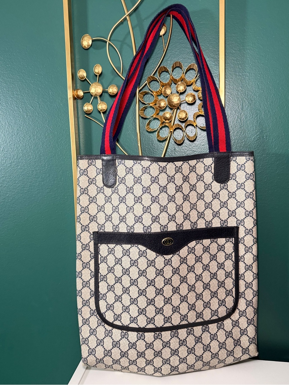 Gucci Beige GG Canvas Tote with Black Trim and Red & Blue Striped Straps